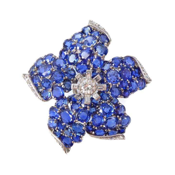 Sapphire and diamond five-petal flower brooch